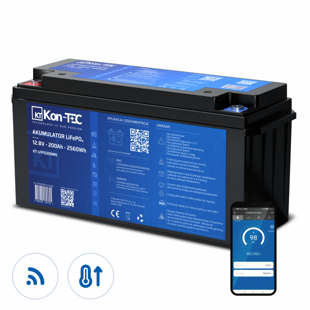 Battery LiFePO4 12V (12,8V) 200Ah Kon-TEC heating pads wireless communication 12000 cycles