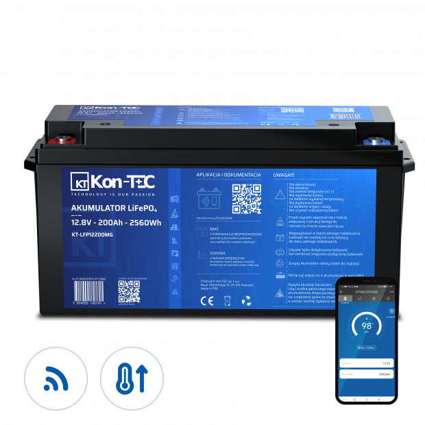 Battery LiFePO4 12V (12,8V) 200Ah Kon-TEC heating pads wireless communication 12000 cycles