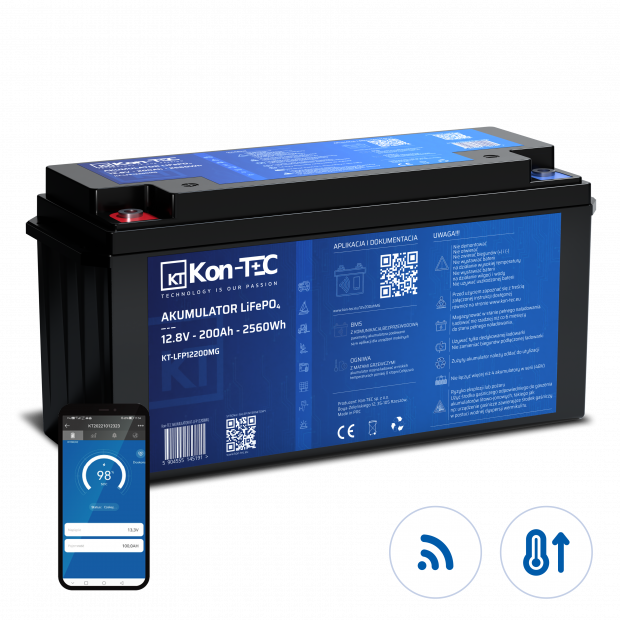 Akumulator LiFePO4 12V (12,8V) 200Ah Kon-TEC Maty grzewcze komunikacja bezprzewodowa 12000 cykli