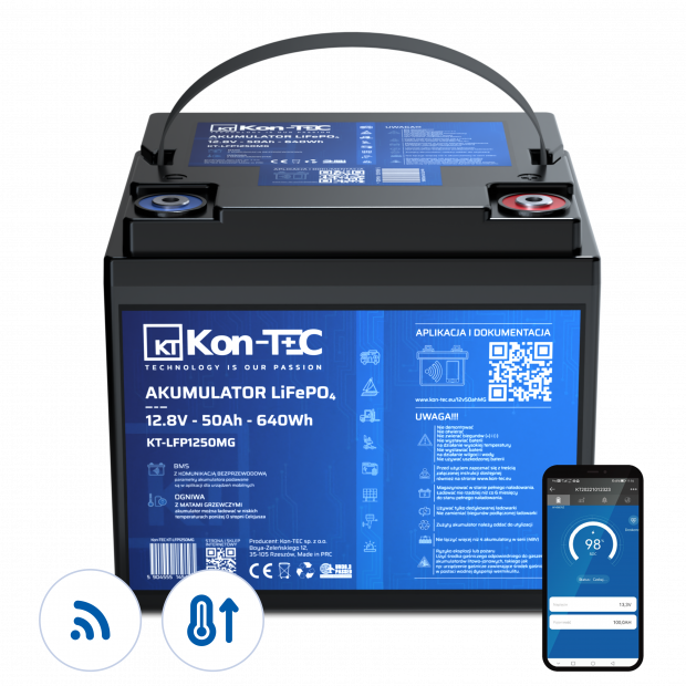 Battery LiFePO4 12V (12,8V) 50Ah Kon-TEC heating pads wireless communication 12000 cycles