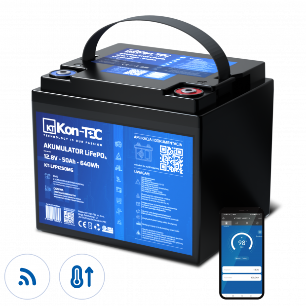 Battery LiFePO4 12V (12,8V) 50Ah Kon-TEC heating pads wireless communication 12000 cycles