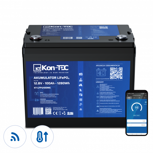 Akumulator LiFePO4 12V (12,8V) 100Ah Kon-TEC Maty grzewcze komunikacja bezprzewodowa 12000 cykli