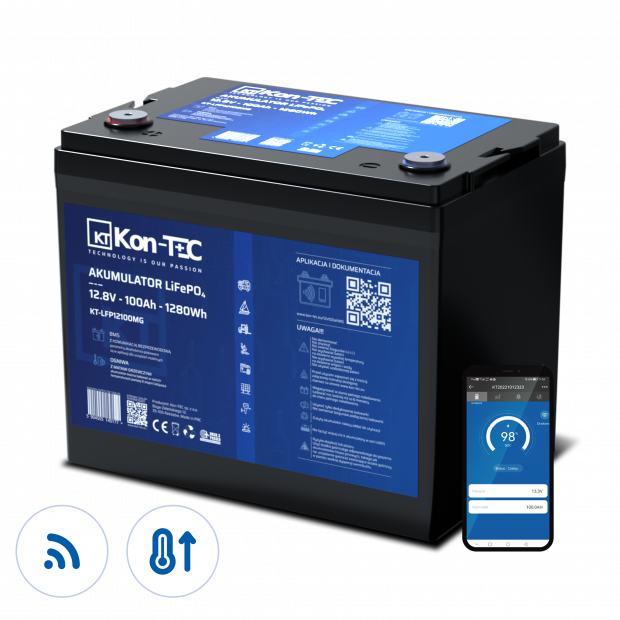 Akumulator LiFePO4 12V (12,8V) 100Ah Kon-TEC Maty grzewcze komunikacja bezprzewodowa 12000 cykli