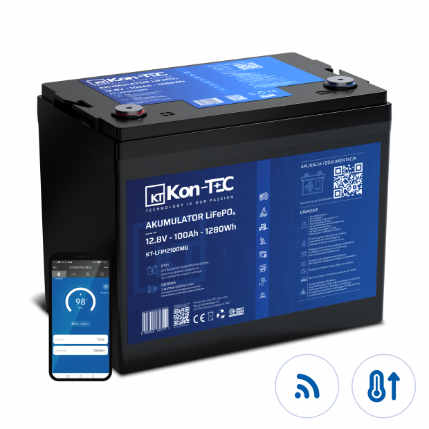 Akumulator LiFePO4 12V (12,8V) 100Ah Kon-TEC Maty grzewcze komunikacja bezprzewodowa 12000 cykli