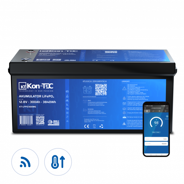 Battery LiFePO4 12V (12,8V) 300Ah Kon-TEC heating pads wireless communication 12000 cycles